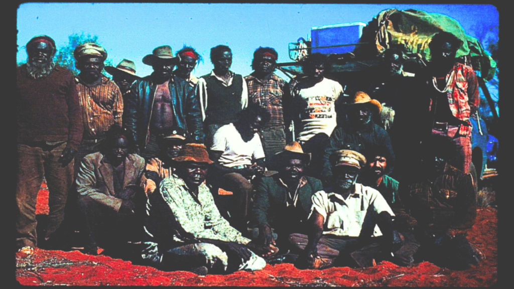 The Cave Hill Meeting called by the Custodians of Anangu Munda that saw the beginning of The National Trachoma and Eye Health Program. (Trevor sits bottom row, second from the right in green top)